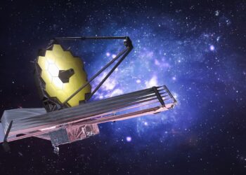 James Webb space telescope in deep space research far galaxies. JWST and gaalxy. Space observatory. Sci-fi collage. Elements of this image furnished by NASA (url: https://www.nasa.gov/sites/default/files/styles/full_width_feature/public/thumbnails/image/755409main_webb.jpg)