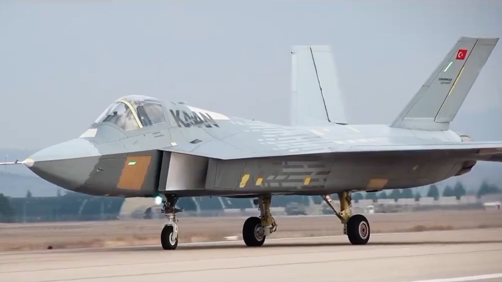 Official image released by the Turkish Aerospace Industries (TAI) shows the Turkish fifth-generation warplane TAI Kaan (Ruler or King of Kings) taking off in the early hours on Wednesday Feb 21, 2024 and stayed in the air briefly before returning to an air base in north Ankara, Turkey. On 21 February 2024, the TAI TF Kaan National Combat Aircraft (MMU - Milli Muharip Uçak) completed its maiden flight, lasting 11 minutes. The new fighter, formerly known as the TF-X, was accompanied by a Turkish Air Force (TurAF) F-16D Fighting Falcon. It is the defense industry milestone as the country\'s first indigenously developed fighter jet completed its first flight, part of the country\'s efforts to upgrade its air force and curb external dependency.